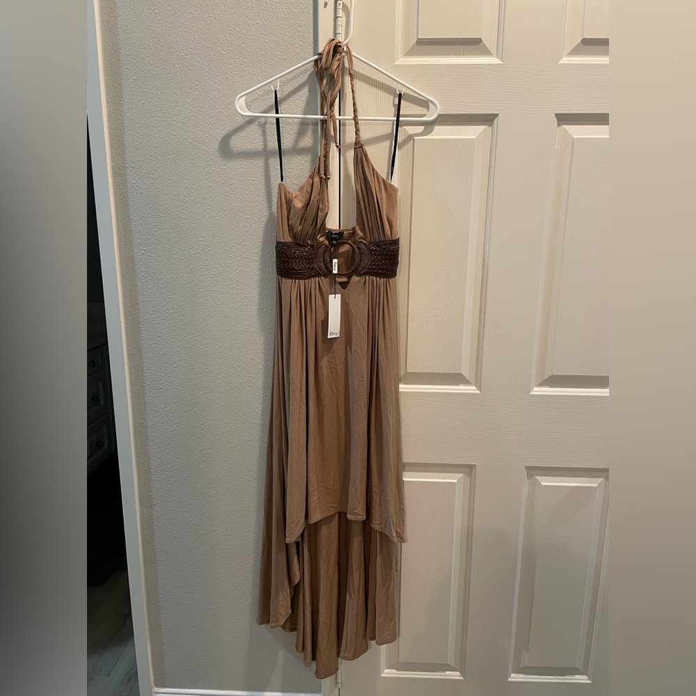 Never worn with tags Sky high low halter dress. Brown. XS.